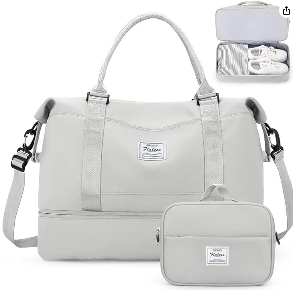 NWT Cream Weekender Bag Travel Duffel w/ Champagne Straps & Makeup Bag